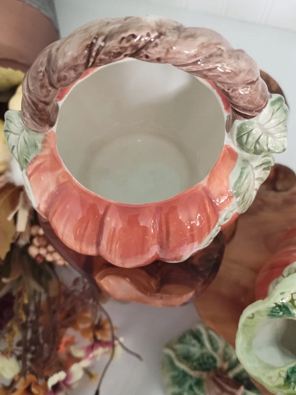 Vtg Fitz & Floyd OCI Fall Kitschy Cottagecore Ceramic Pumpkin Tea Pot & Basket